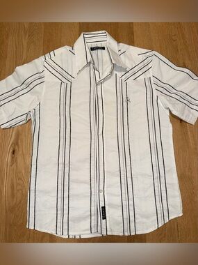 D&G White Short-Sleeve Button-Down Shirt with Black Stripes
